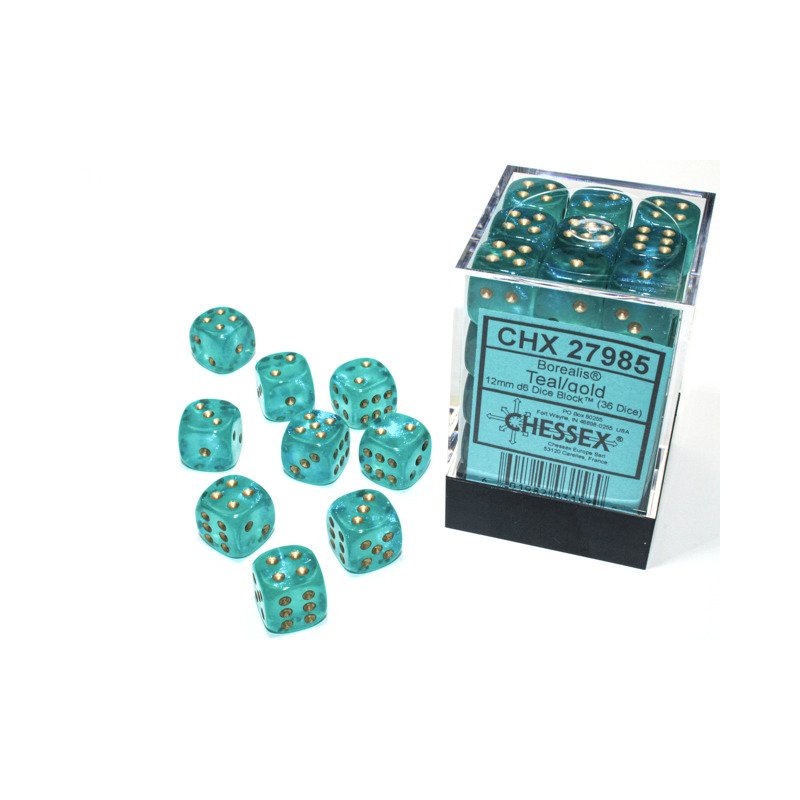 Chessex - Borealis Teal/gold Luminary 12mm d6 Würfelblock (36 Würfel)